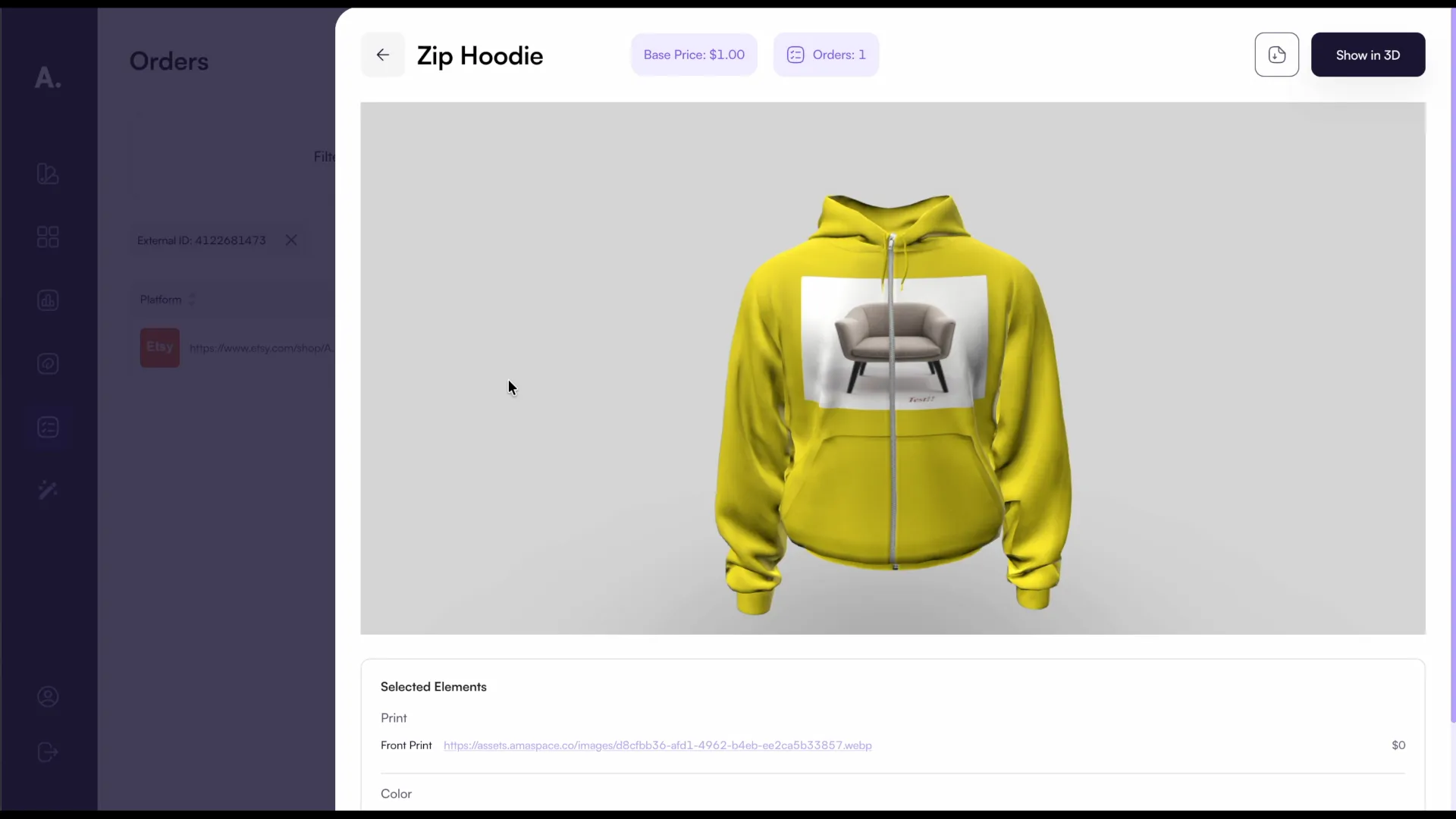 The order details with all configured options
