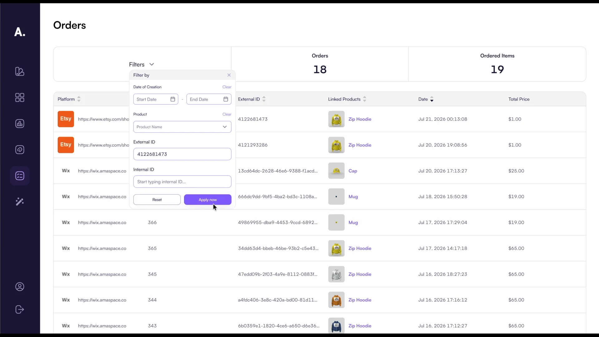 Filtering Amaspace orders by external ID