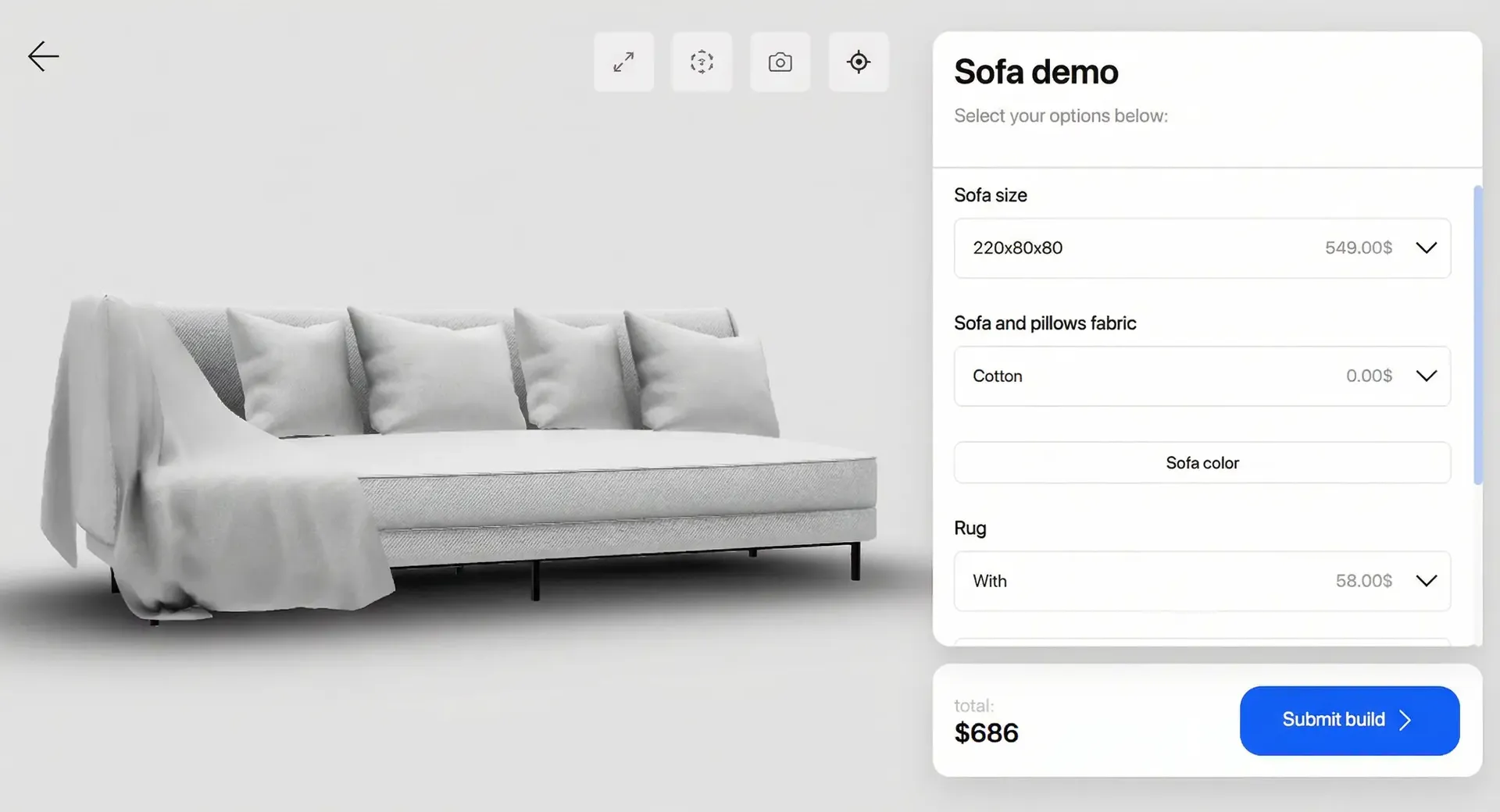 Screenshot of a Shopify product page with the Amaspace 3D configurator embedded and ready for customers to customize the product.