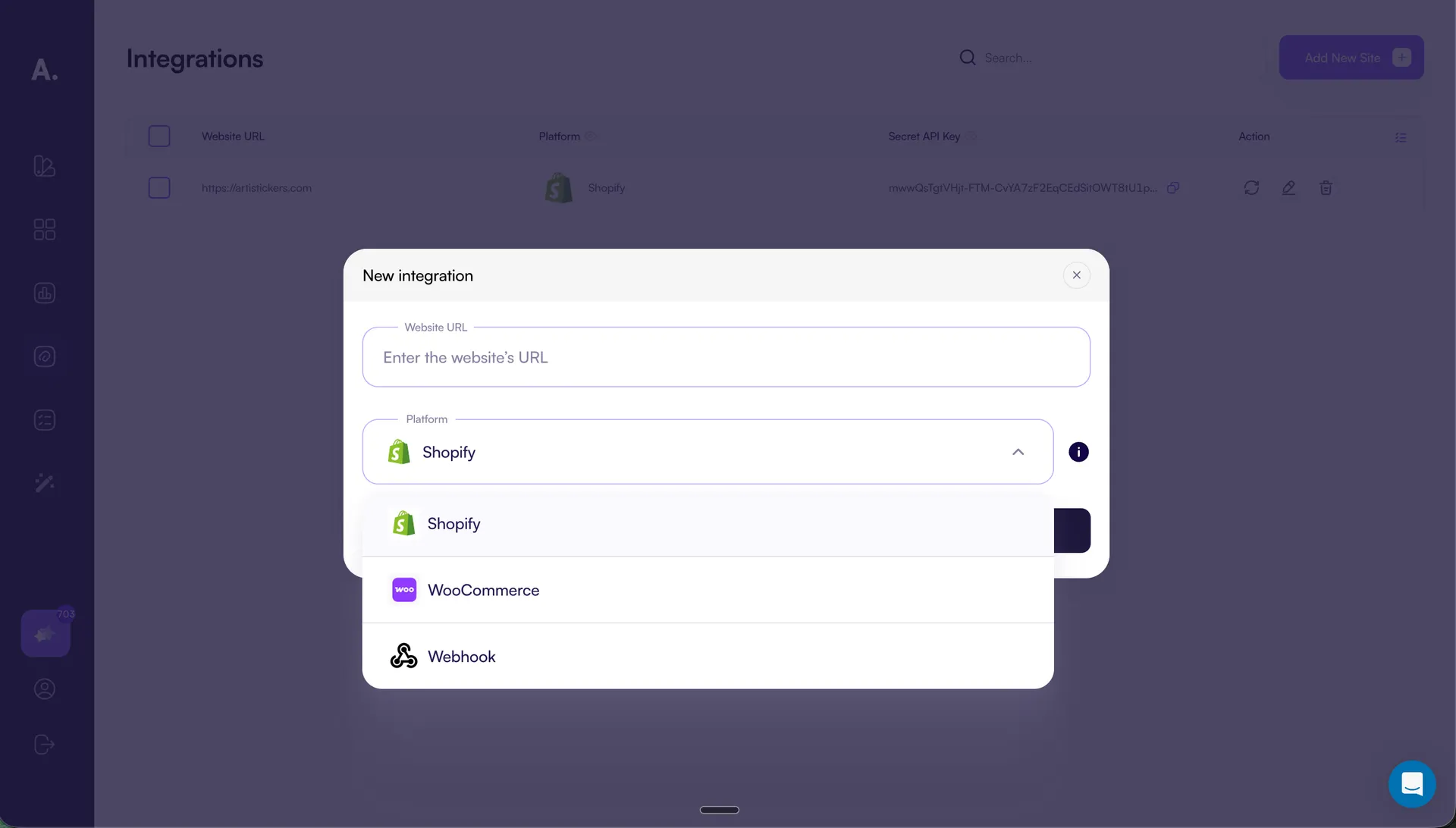 Platform selection dropdown