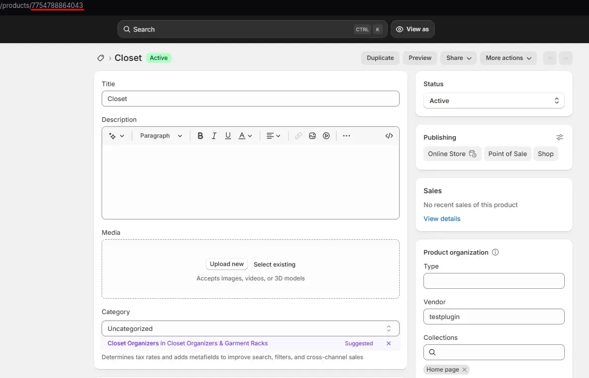 Screenshot of the Shopify product editing page with the product ID visible in the browser URL.