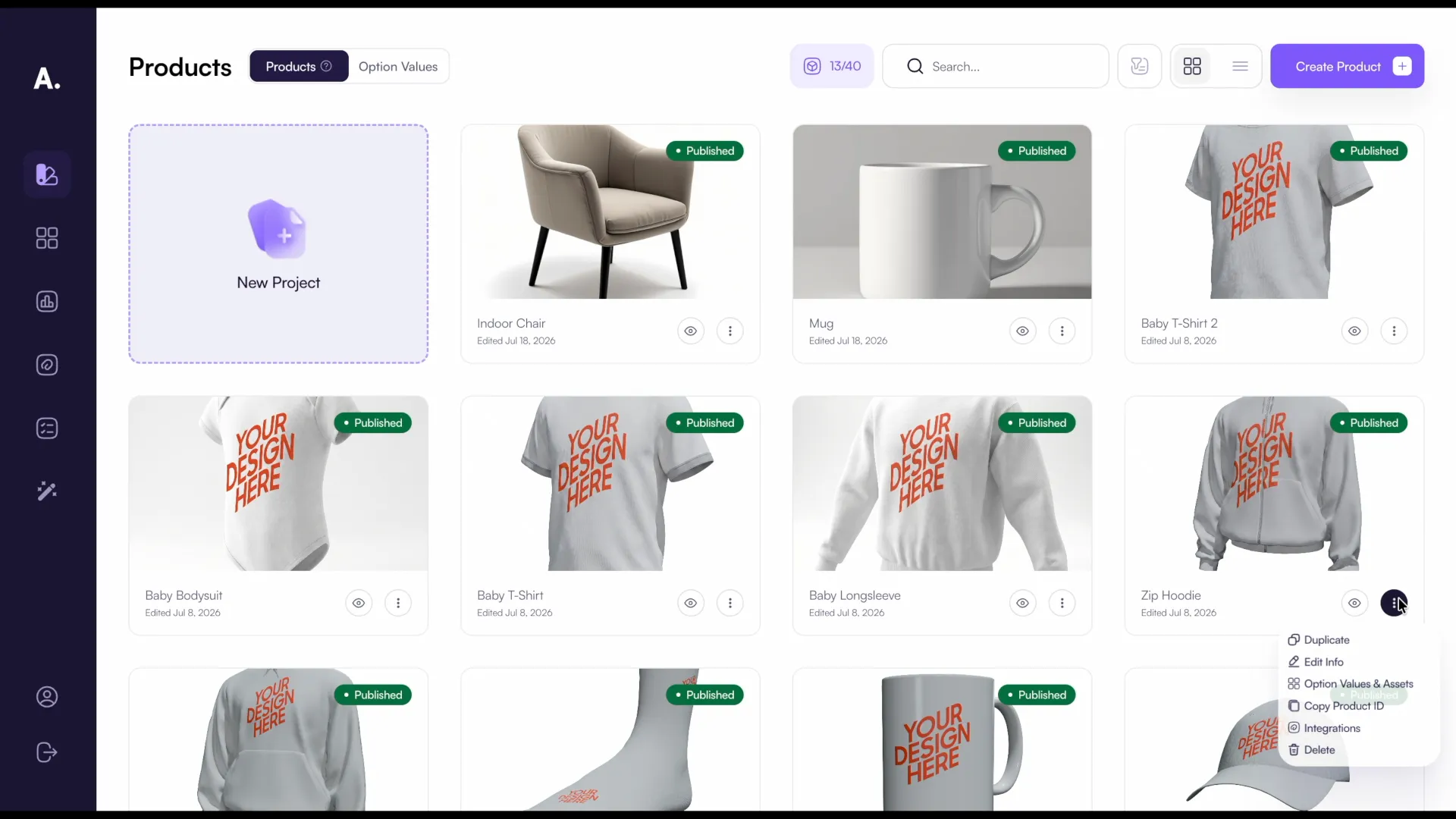 The product menu with the Integrations option