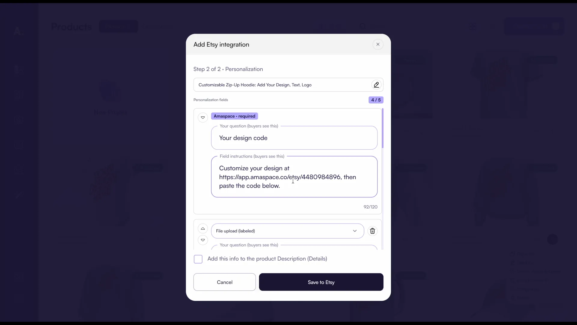 The personalization fields on the listing, including Amaspace