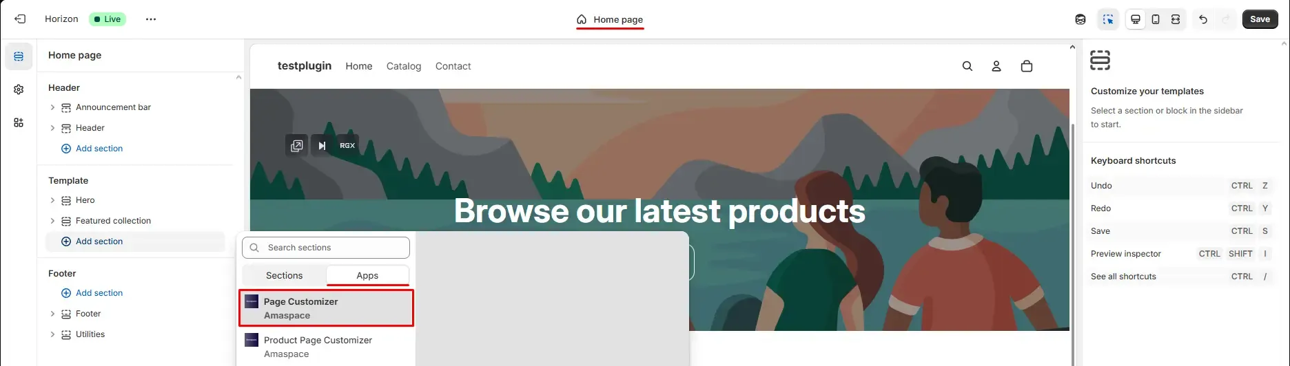 Screenshot of the Shopify theme editor “Add section” panel with the Apps category open and the Amaspace Page Customizer block selected.
