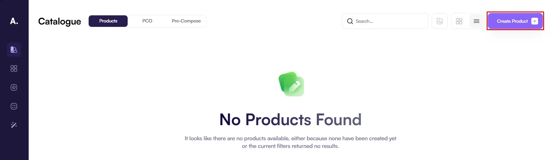 Screenshot of the Amaspace catalog showing the “Create product” button highlighted.