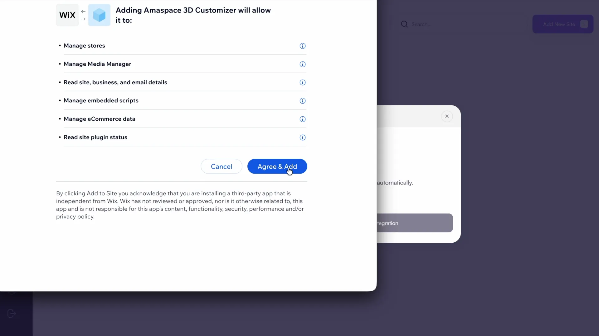 The Wix permissions screen with the Agree & Add button