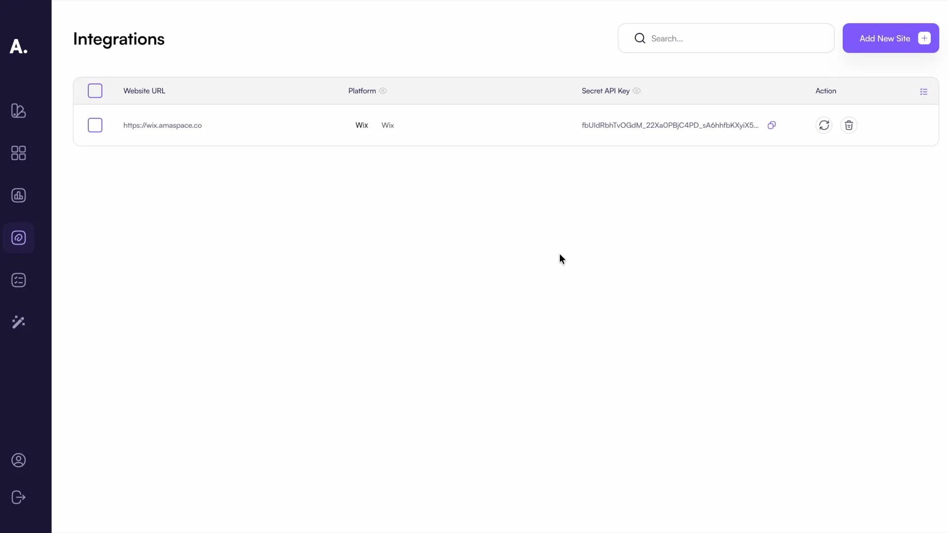 The connected Wix store listed in Amaspace Integrations