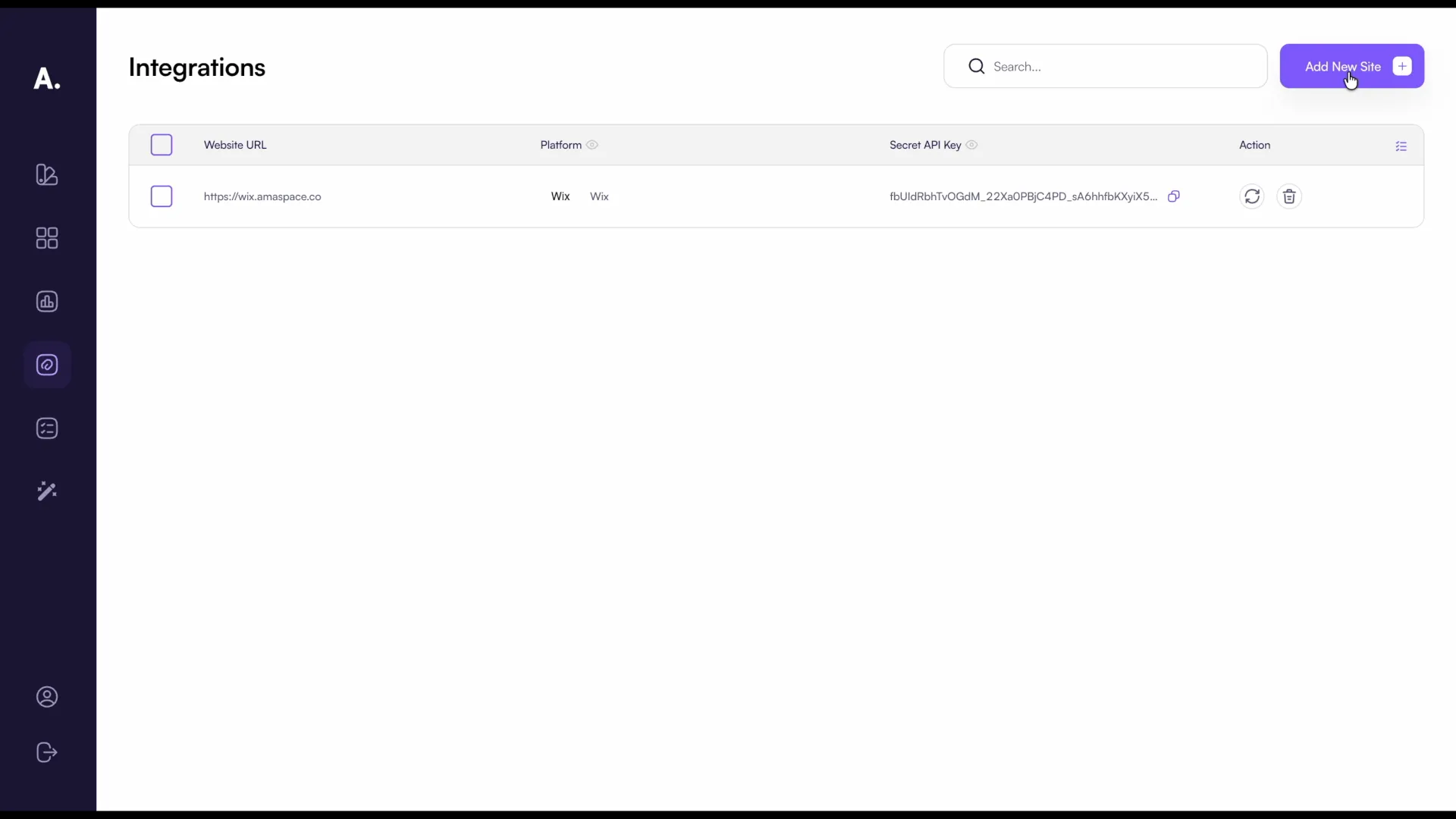 The Integrations page in Amaspace with the Add New Site button
