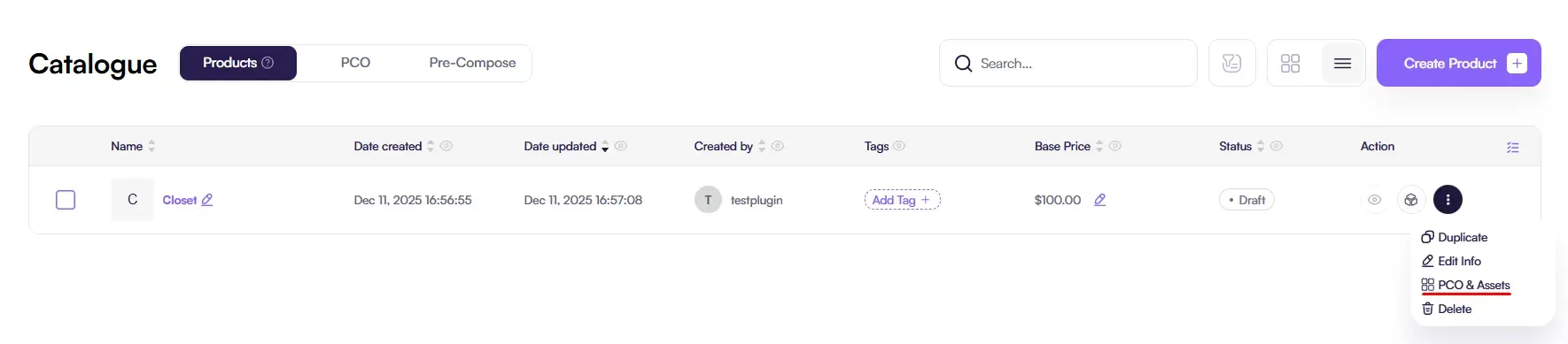 Screenshot of an Amaspace product page with the “PCO & Assets” tab open in the interface.