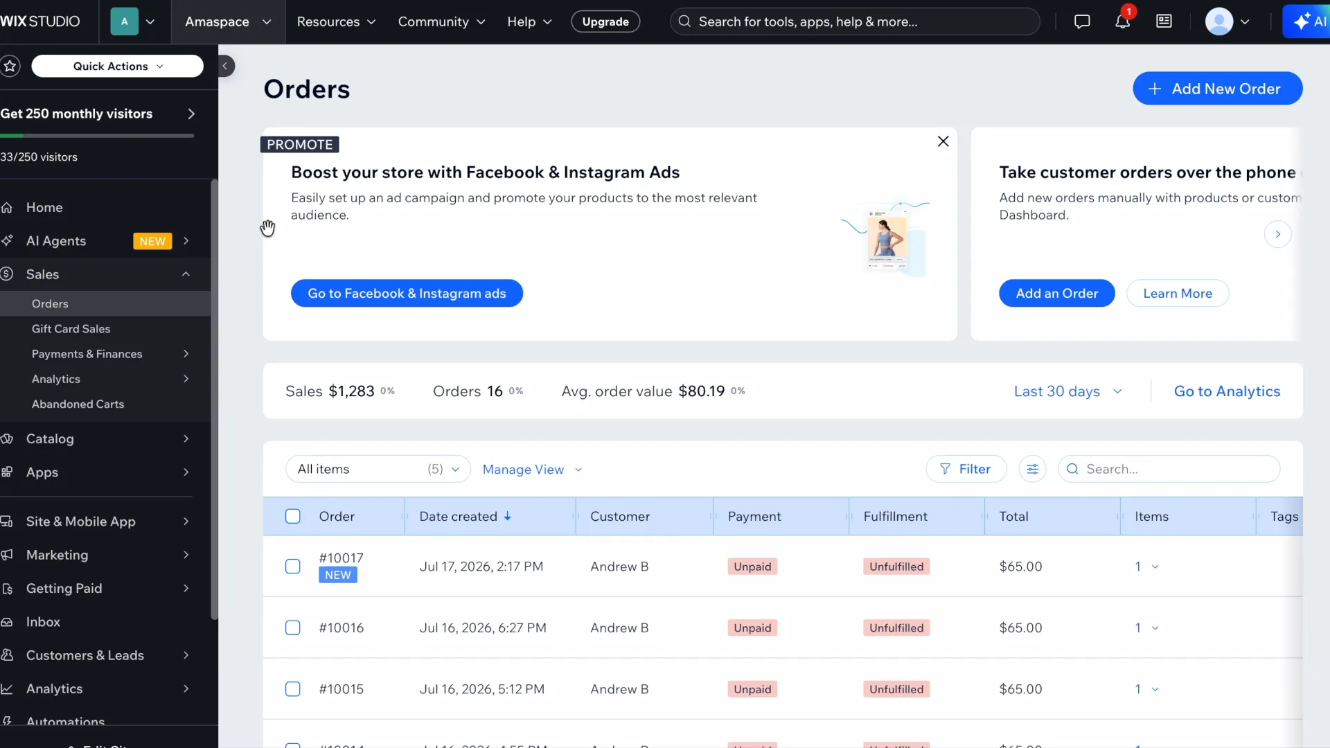 A new configured order in the Wix orders list