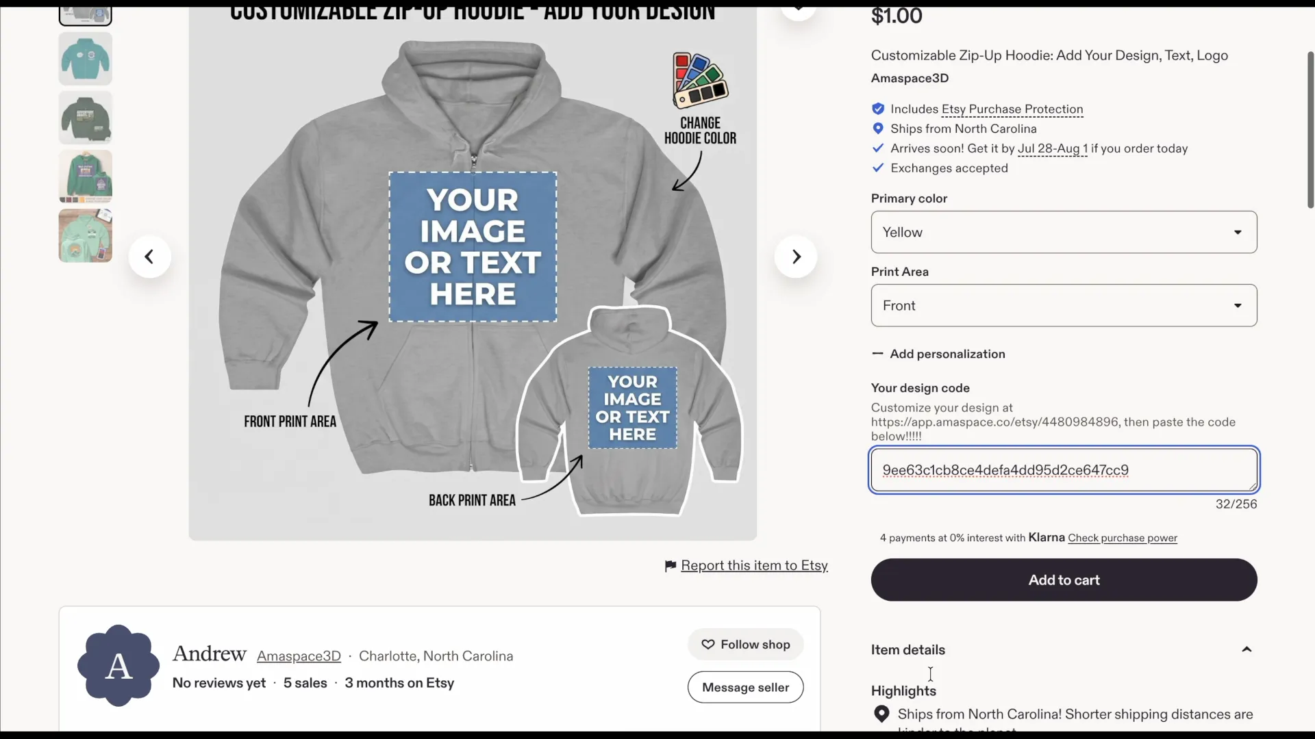 Pasting the design code into the personalization box at checkout