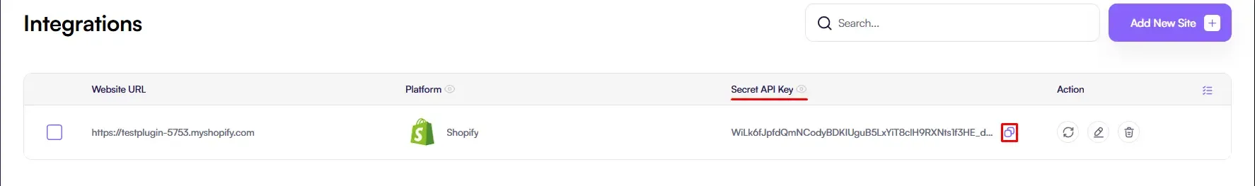 Screenshot of the Amaspace Integrations page showing the Shopify integration section with the Secret API Key (Ama Token) visible for copying.