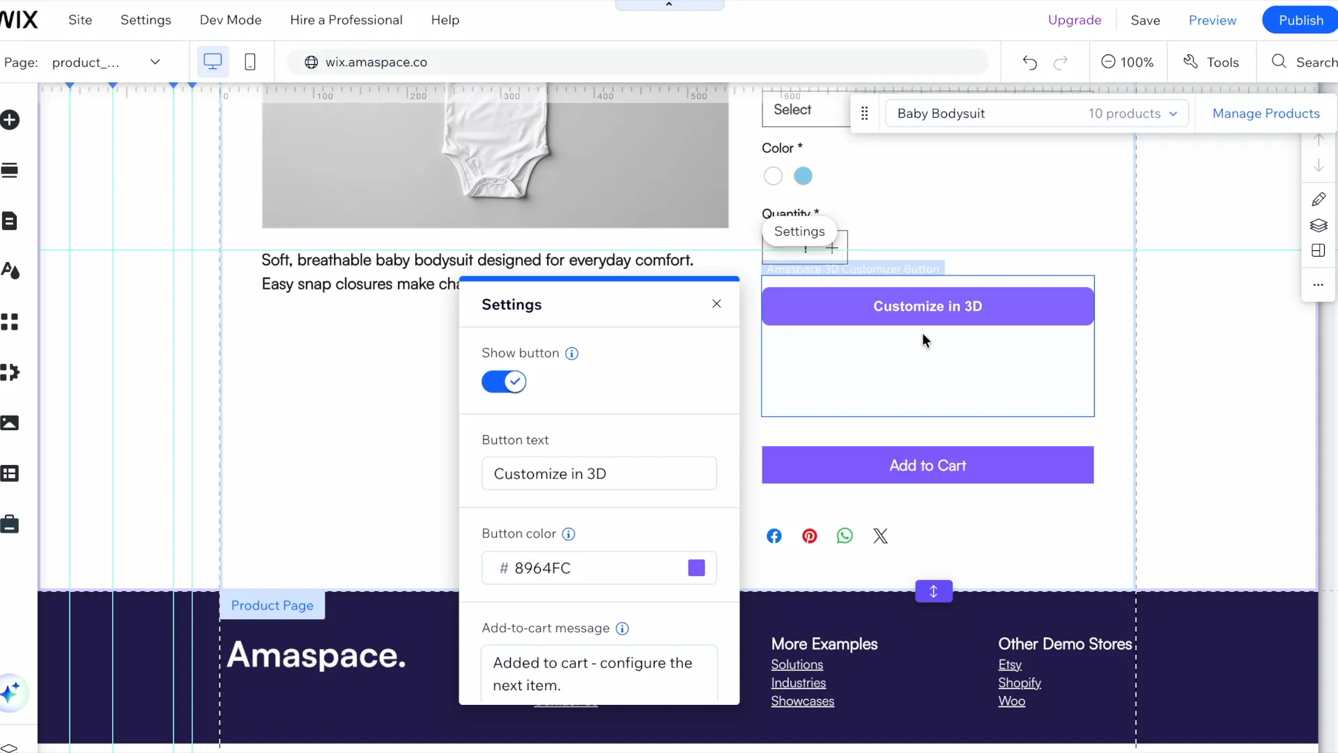 Button settings with text, color and the add-to-cart message