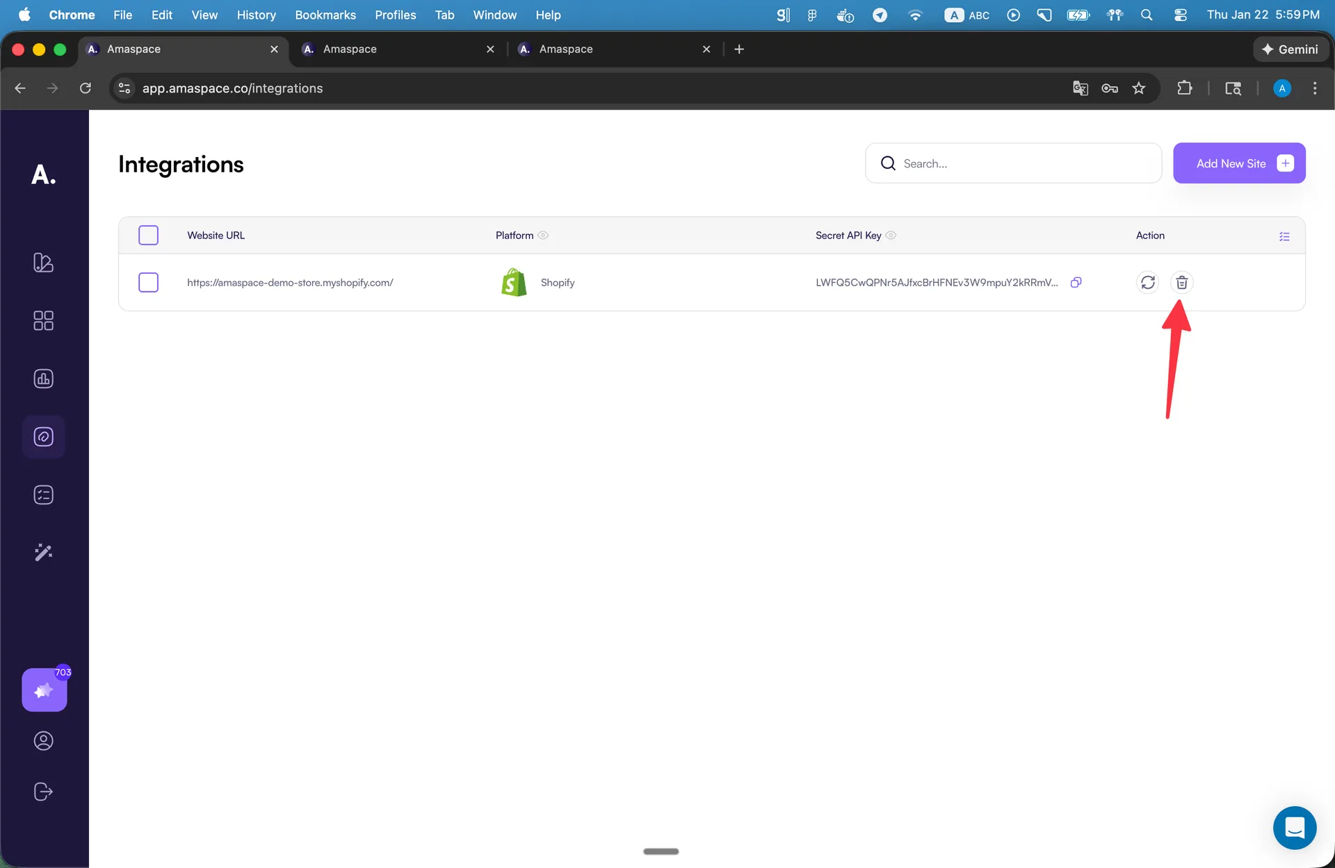 Delete integration action