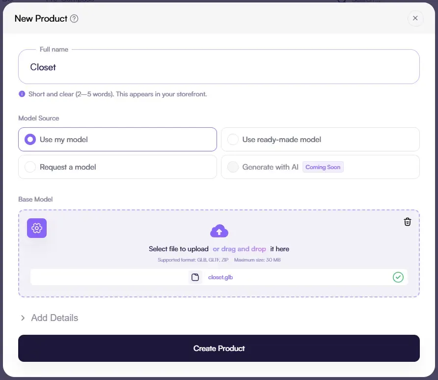 Screenshot of the product creation screen with options to upload a 3D model, use the product library, or request a custom model.