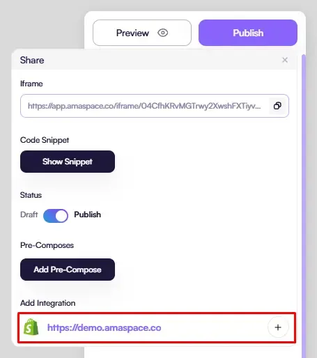Screenshot of the Amaspace Publish dialog with Shopify integration selected.