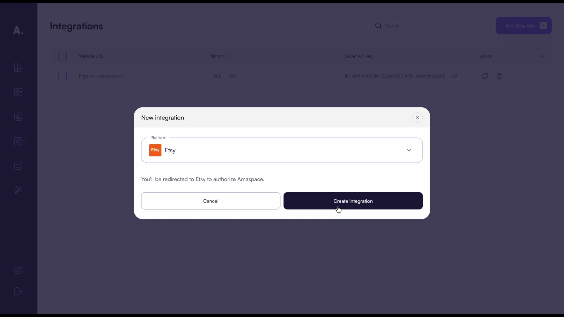 Selecting Etsy as the platform in the New integration window