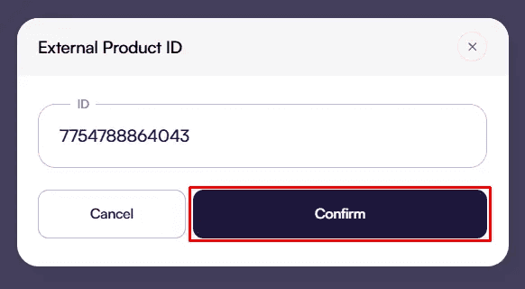 Screenshot of the Amaspace Publish dialog with a field to paste the Shopify product ID before saving.