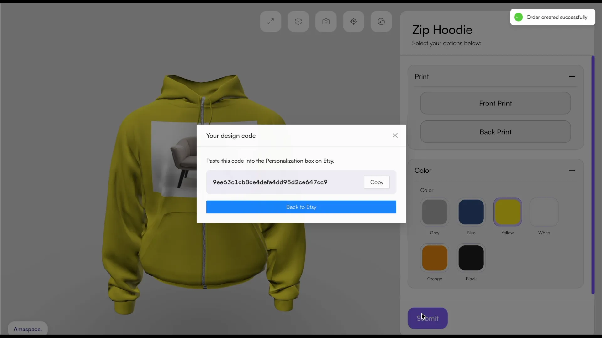 The generated design code after submitting the configuration