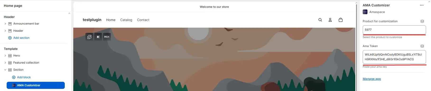 Screenshot of the Page Customizer app block settings panel showing the Product for customization field filled with the Amaspace Product ID.