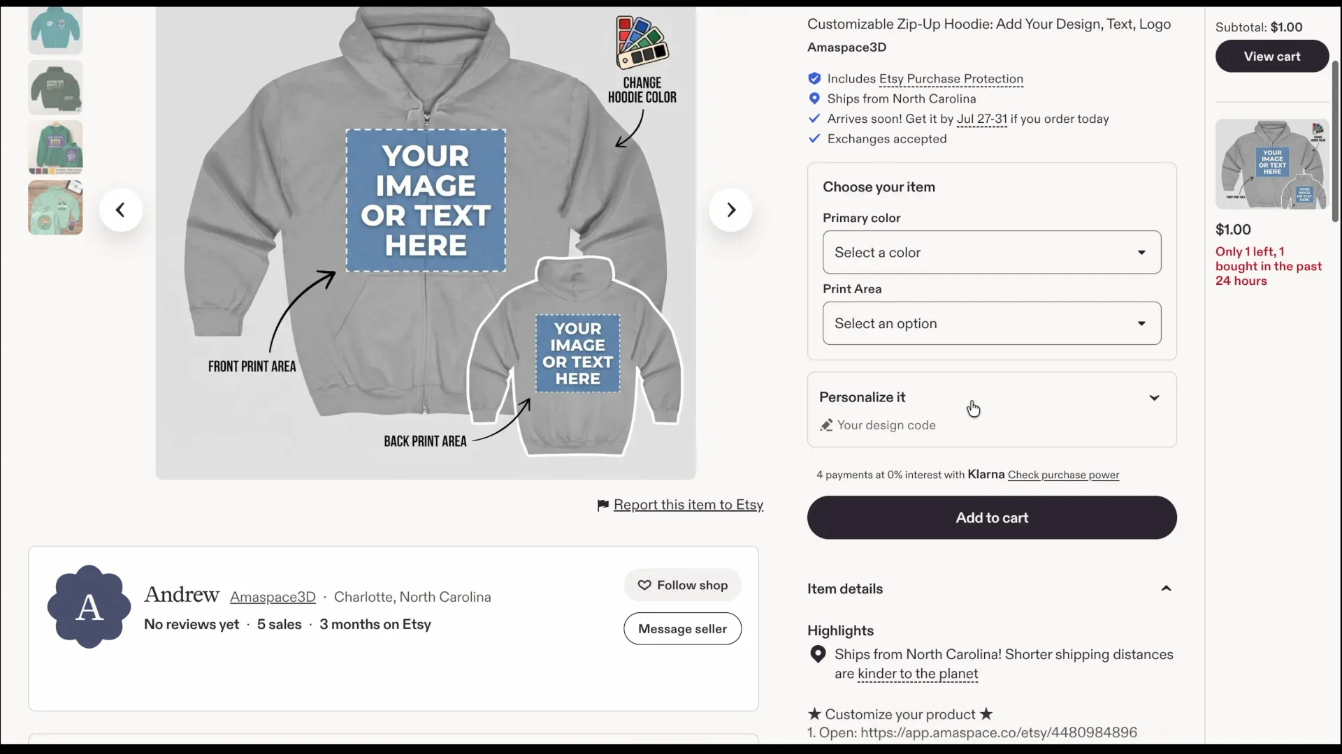 The live Etsy listing with the design code field and instructions