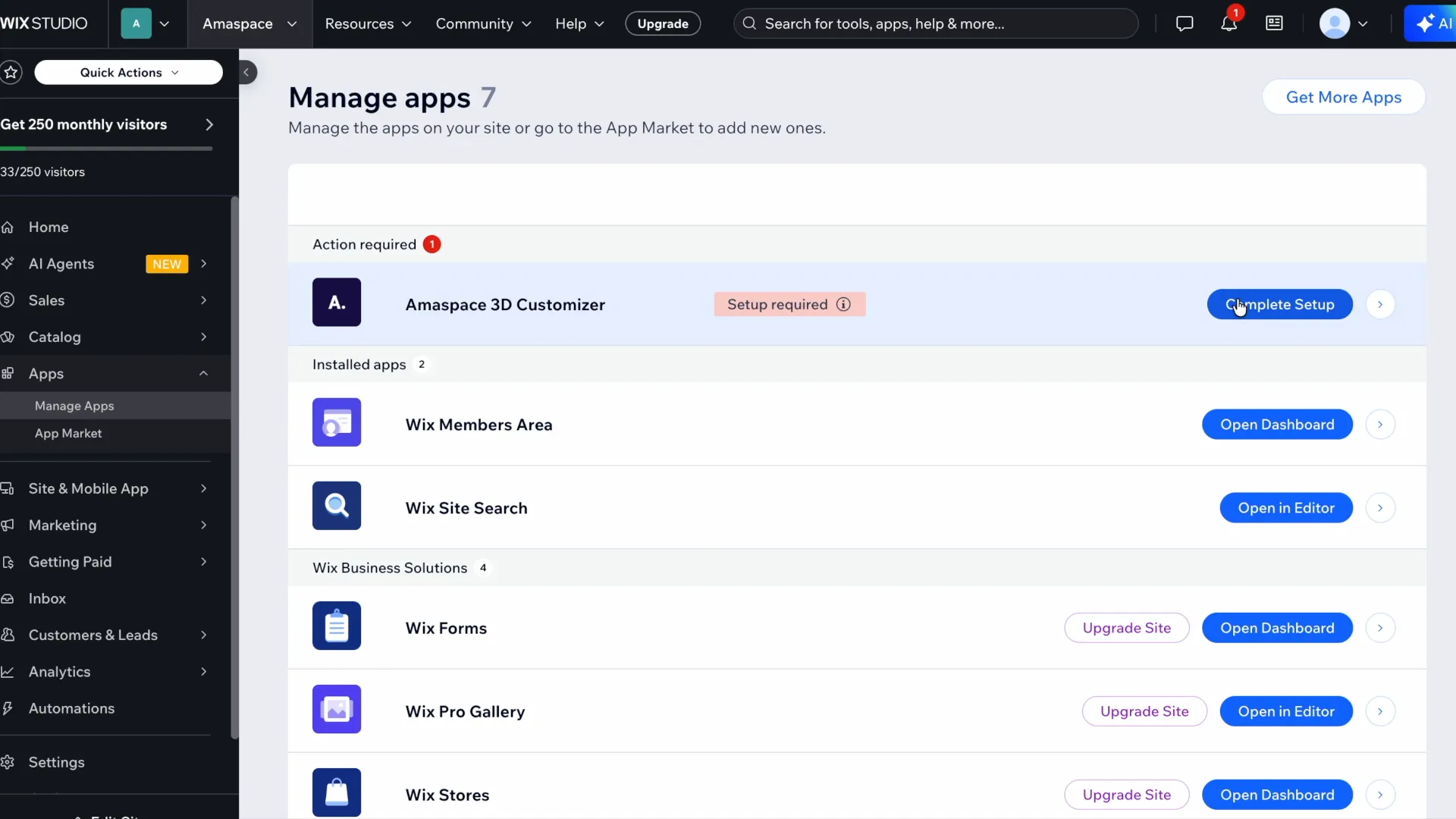 The Amaspace 3D Customizer app in Manage Apps with the Complete Setup button