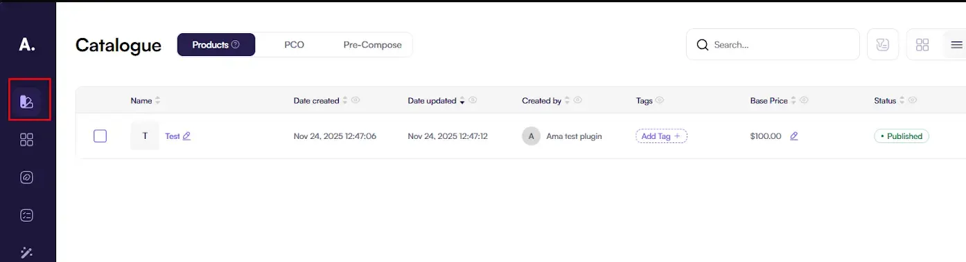 Screenshot of the Amaspace product catalog page at app.amaspace.co/catalog with a list of products.