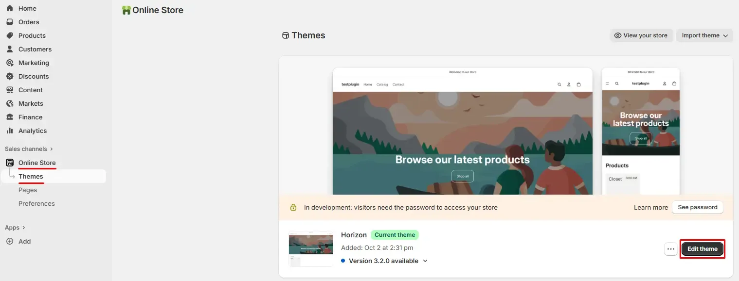 Screenshot of the Shopify admin showing the Online Store → Themes section with the Customize button highlighted.