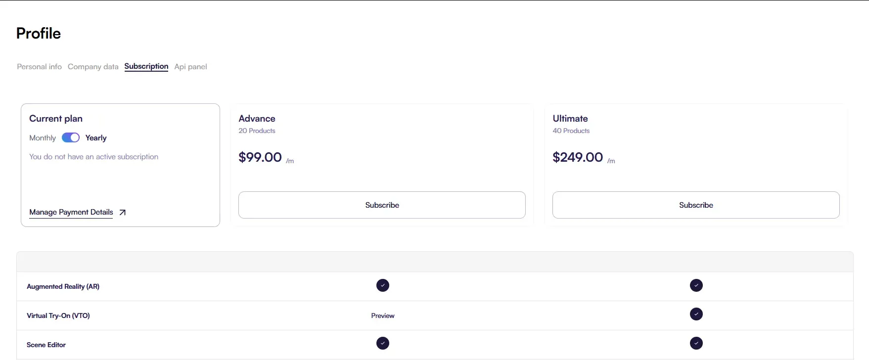 Screenshot of the Amaspace pricing page showing multiple subscription plans with their features and a button to select a plan.
