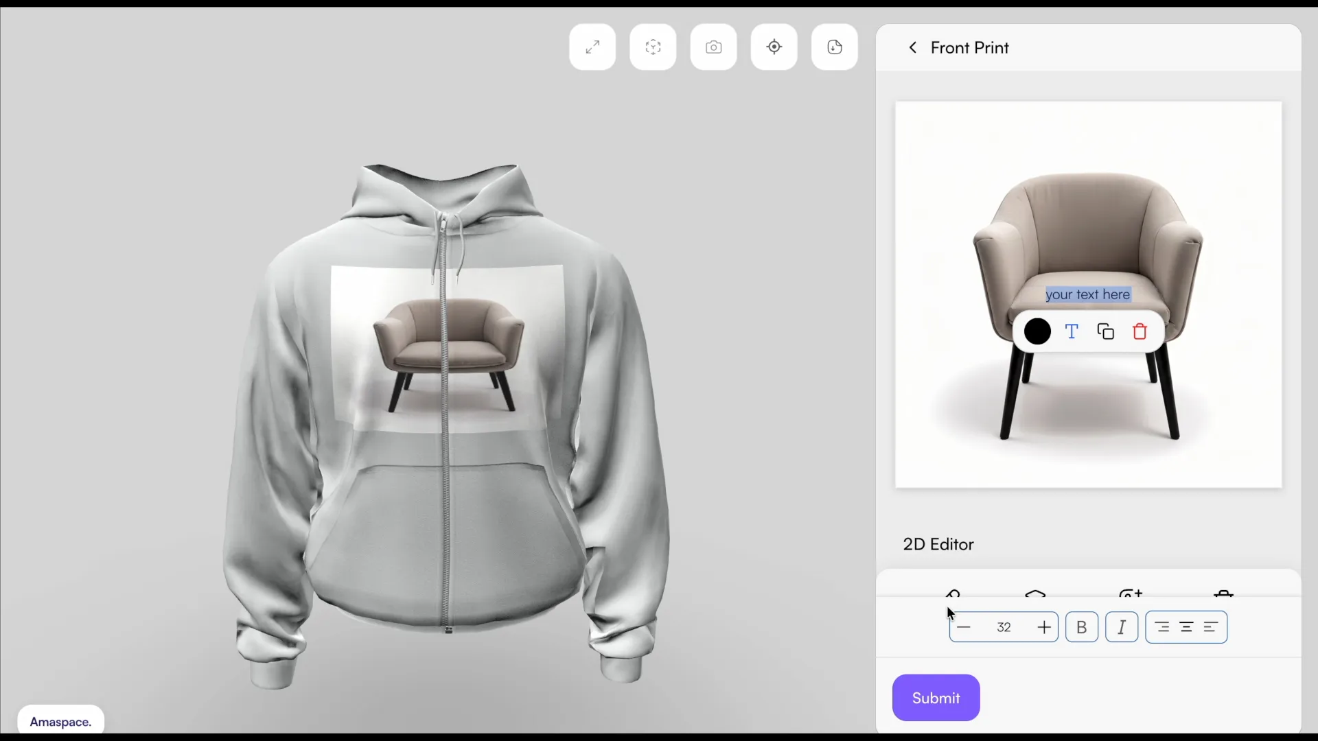 Uploading an image and adding text in the configurator