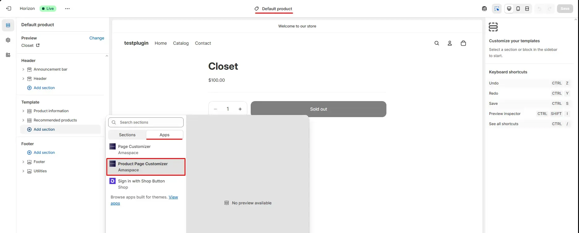 Screenshot of the Shopify theme editor “Add section” panel with the Apps category open and the Amaspace Product Customizer block selected.