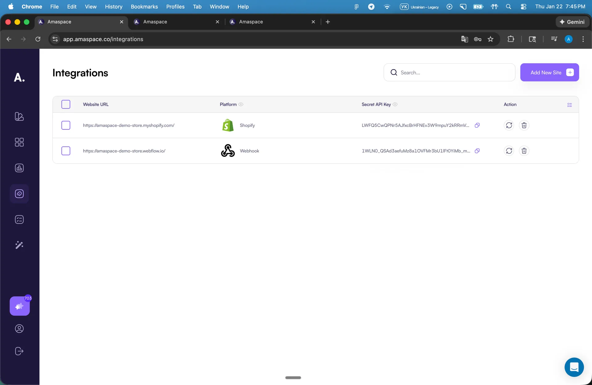 Integrations list showing multiple active sites