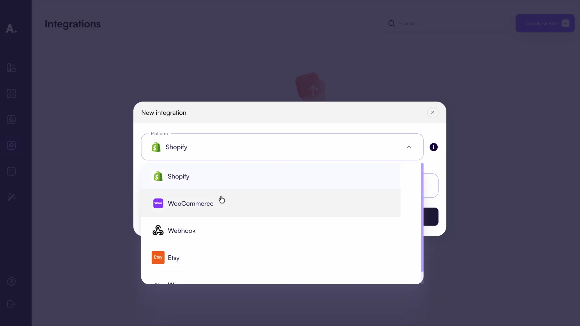 Selecting Wix as the platform in the New integration window